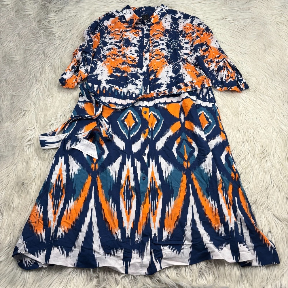 David Lawrence Women's 14 Mixed Print Ikat Button Front Shirt Dress Resort Prep